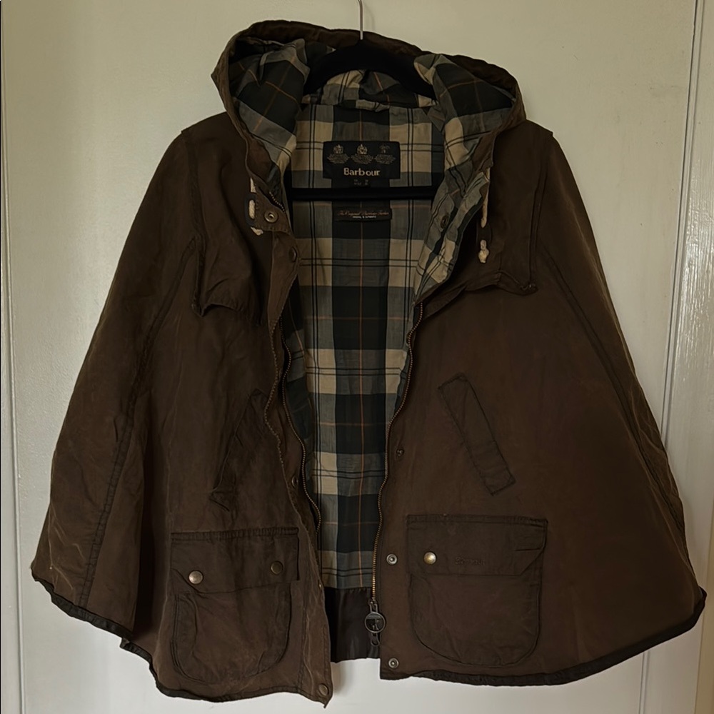 Barbour Brown Raincoat with Hood and Tartan Lining